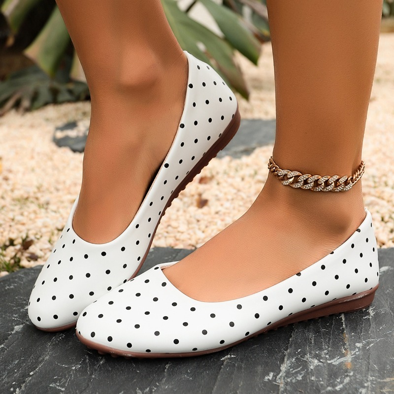 Women Shoes Wedges - Dames Witte Polka Dot Flats Ronde