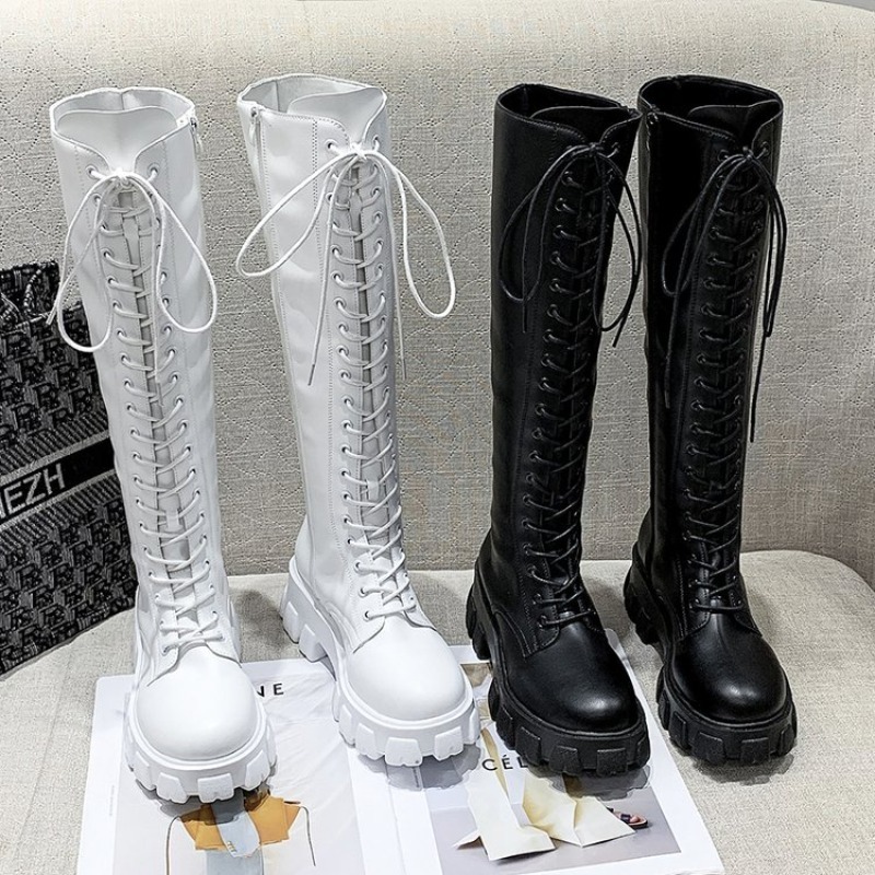 Women'S Shoes For Fall - Dames kniehoge laarzen met veters, combat