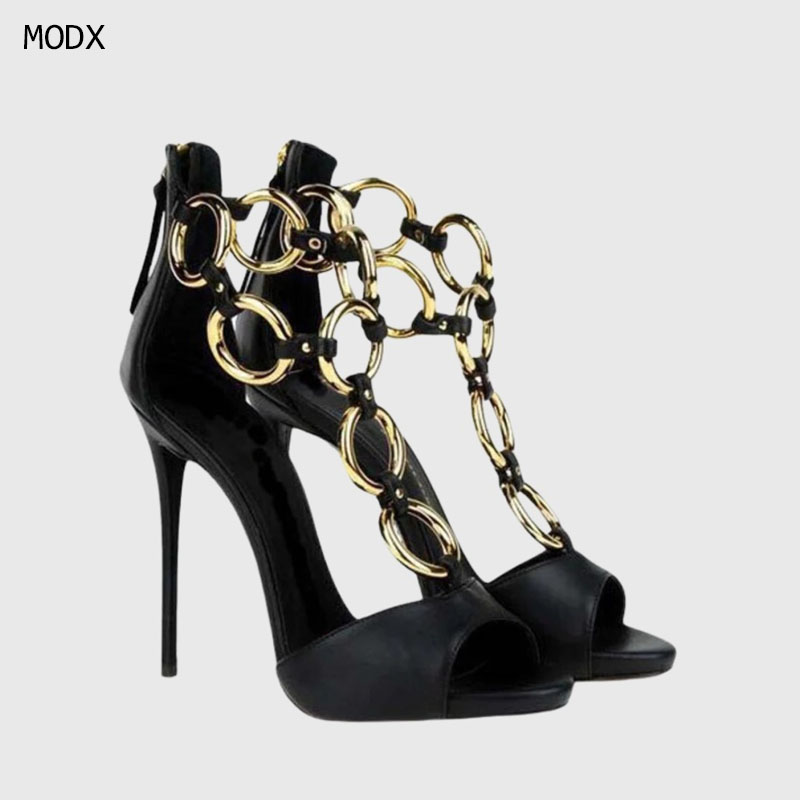 Dames zwart lederen gouden ket - Gold Chain Sandal recensie en prijs