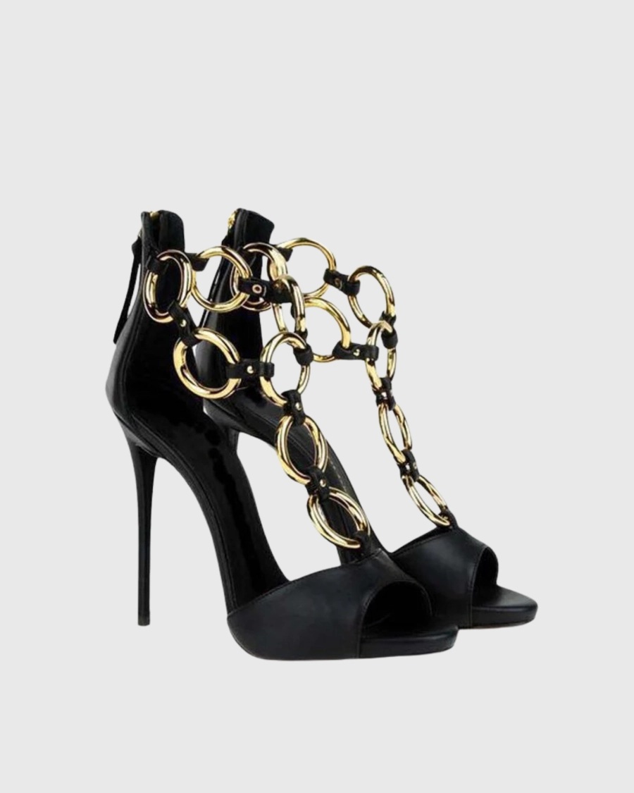 Dames zwart lederen gouden ket - Gold Chain Sandal recensie en prijs