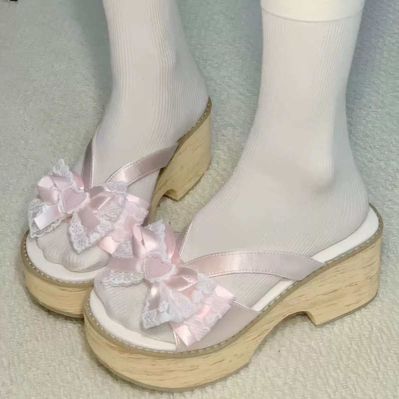 Sweet Bow Wood Grain Dikke Bod - Women Shoes Japan recensie en prijs