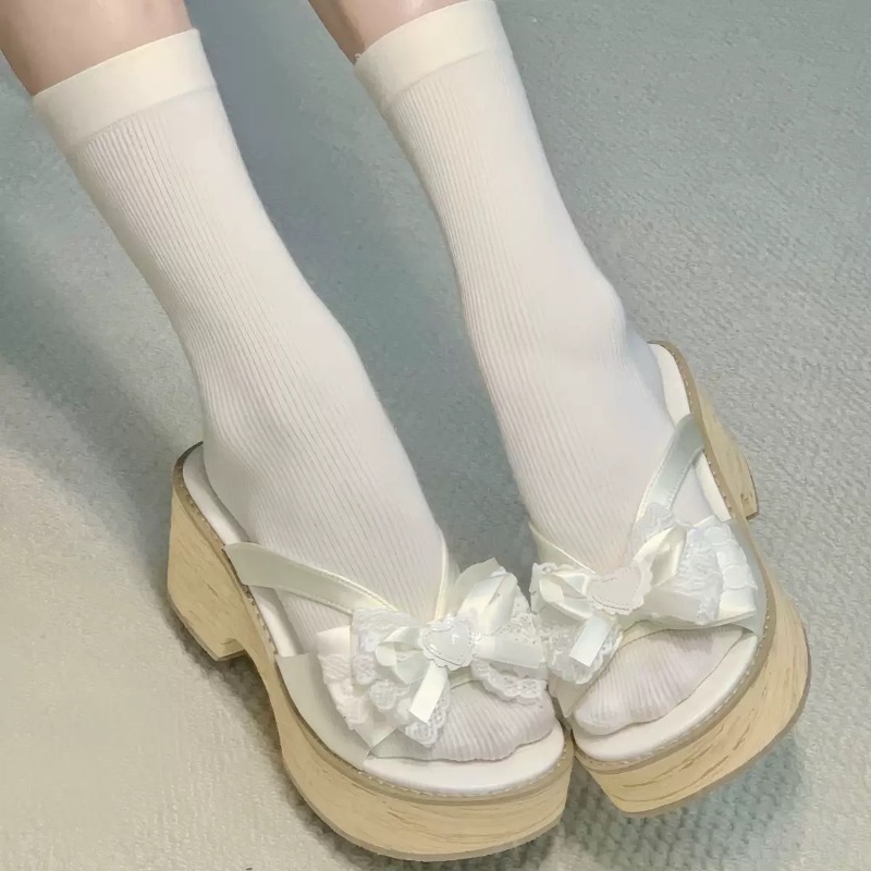 Sweet Bow Wood Grain Dikke Bod - Women Shoes Japan recensie en prijs